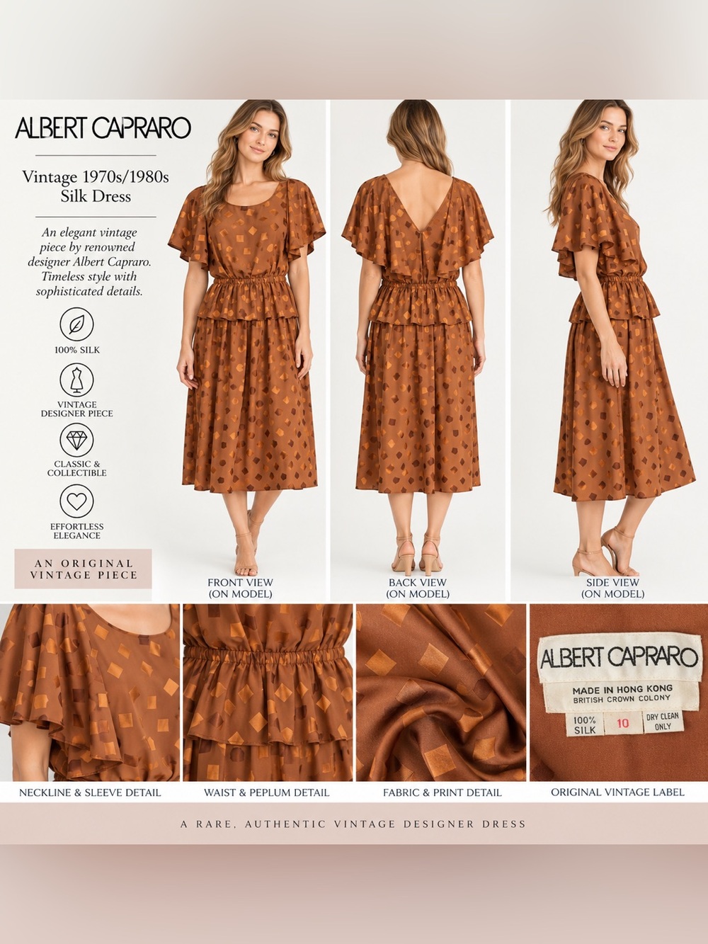 Vintage 1970’s/1980’s Albert Capraro Silk Midi Dress in Brown